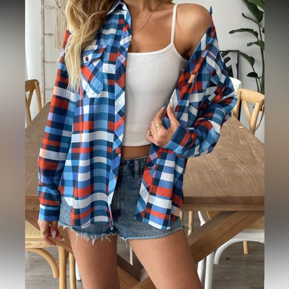 New Plaid Button-Up Shirt - Blue and Orange - Picture 2 of 5